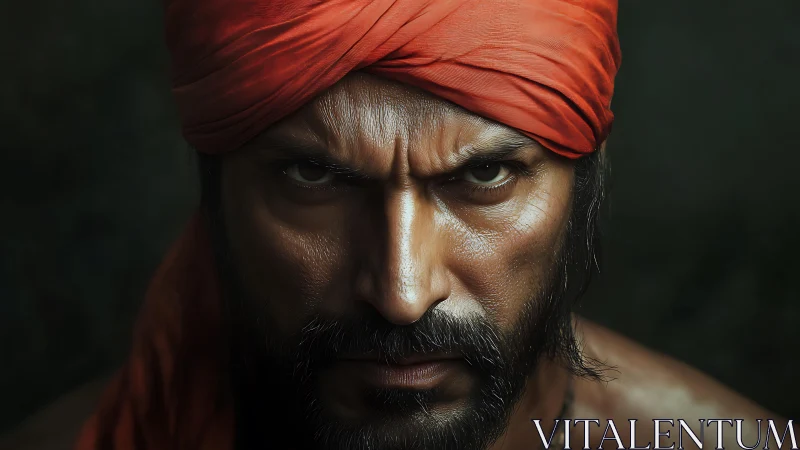 Storm-eyed warrior with crimson turban and unwavering stare.