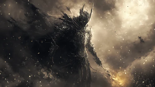 Dark armored wraith strides through swirling embers of battle