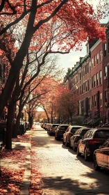 Autumn brownstone street lined with cars and glowing foliage.