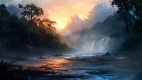Sunrise river valley glowing with misty waterfalls and trees.