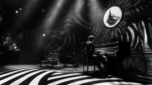 Pianist in surreal monochrome room under ominous circular mural
