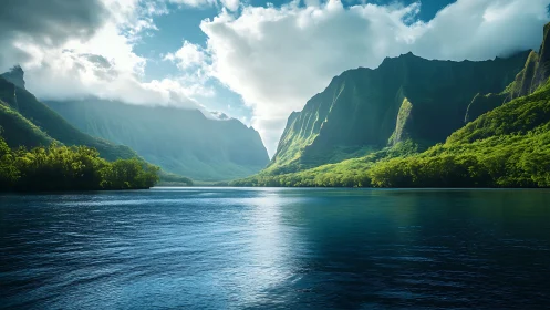 Sunlit emerald cliffs rise gently above a tranquil blue bay