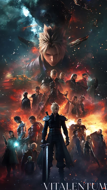 Heroic blonde swordsman leads cinematic sci fi battle ensemble