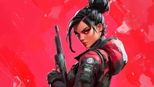 Armed female operative rendered in bold red digital art
