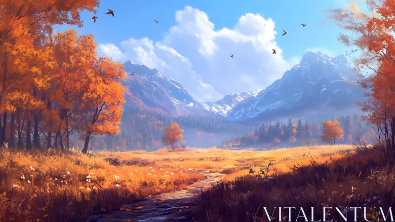 Autumn valley path leads toward distant snow-capped mountains