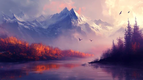 Snowy mountains glow above a tranquil autumn lake at dawn