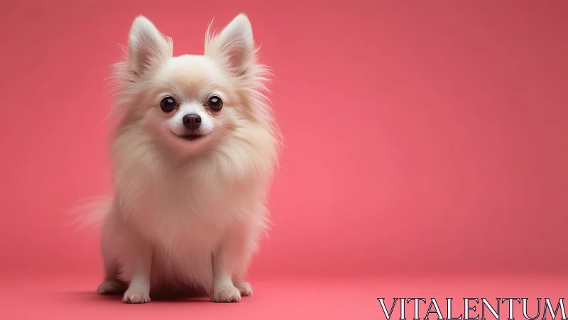 Studio portrait of fluffy cream dog on minimalist pink ground.