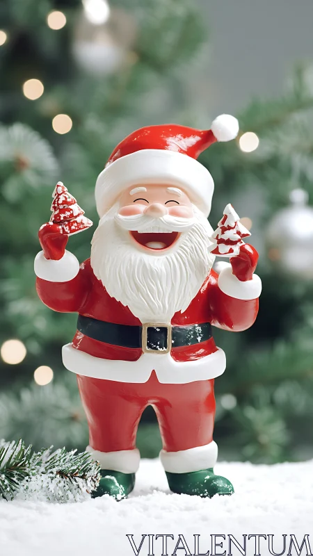 Smiling Santa figurine holds frosted trees in winter scene.