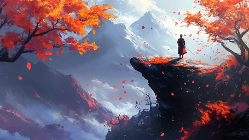 Lone figure on cliff among red autumn trees and peaks.