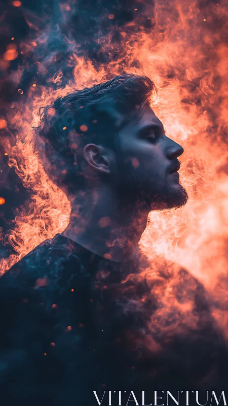 Soulful silhouette wrapped in dreamlike blue and orange fire.