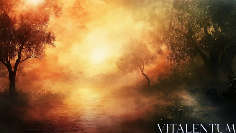 Mystic riverside sunset glows through hazy golden mist