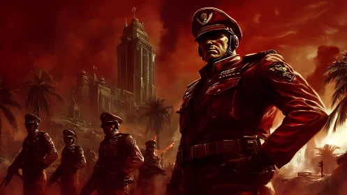 Militaristic commander dominates fiery tropical stronghold.