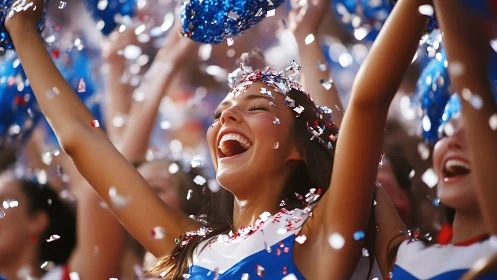 Confetti-sparked cheerleader joy under stadium lights.