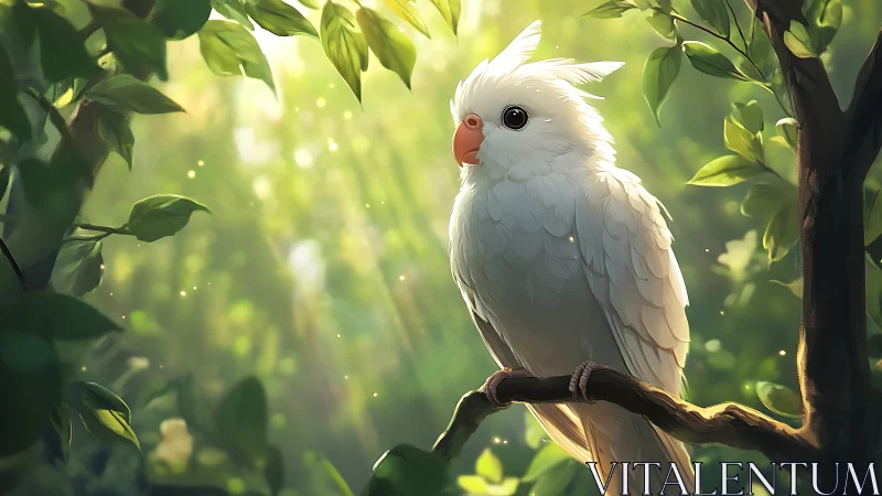 White Parrot Perched on Branch in Lush Sunlit Forest, Digital Art.