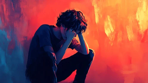 Quietly holding heavy feelings in a glowing sunset room.