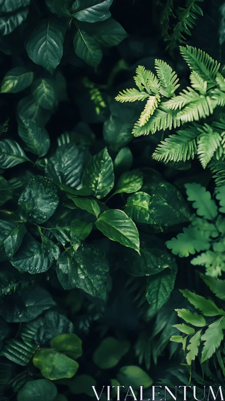 Dense green foliage with fern leaves in natural light.