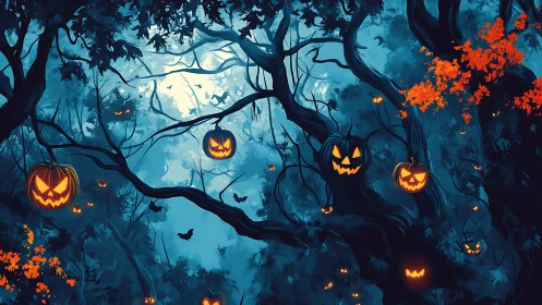 Jack o&rsquo; lantern spirits whisper through a moon-drowned forest