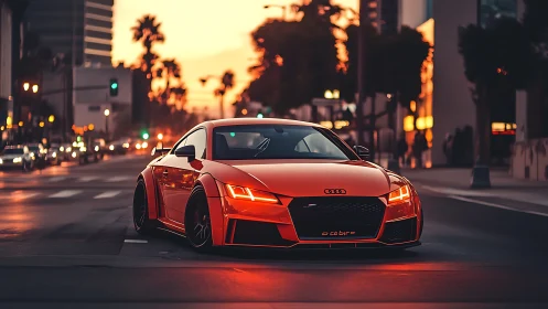 Red sports coupe on city street at dusk with traffic lights.