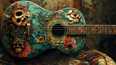 Ornate turquoise guitar where florals and skulls share a song.