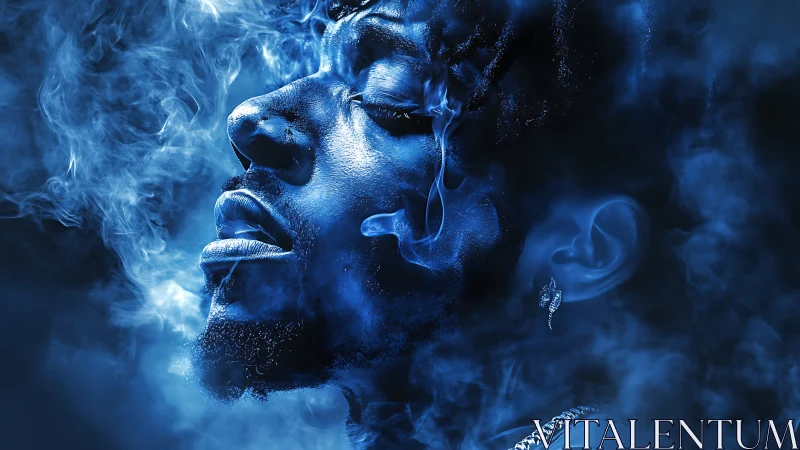 Midnight ember portrait adrift in electric cobalt smoke.