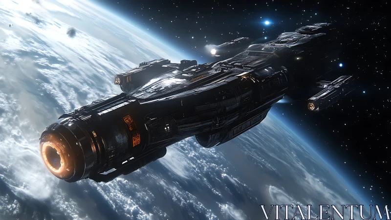 Heavily detailed starship orbits Earth in high-contrast space lighting