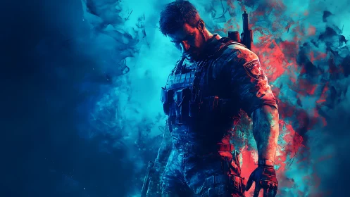 War-torn guardian pauses within electric red-blue storm light