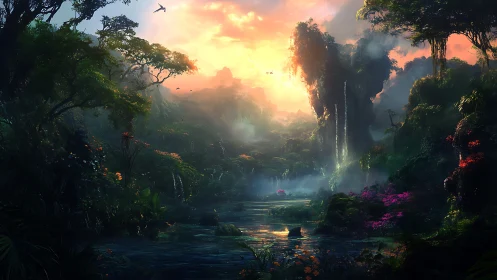 Lush fantasy jungle valley with waterfalls at sunrise.
