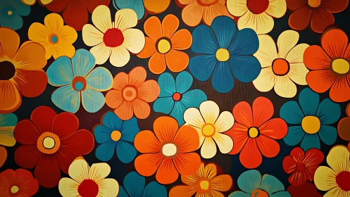 Bold retro flowers bloom in a vibrant graphic tapestry