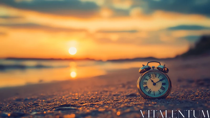 Golden sunset gently surrounds a quiet clock on the shore