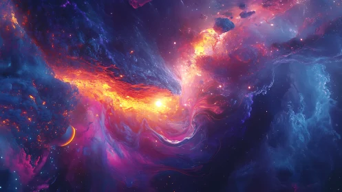 Nebula firestorm swirling around distant crescent world.