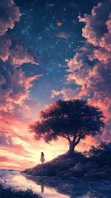 Solitary figure under tree facing starry dusk sky.