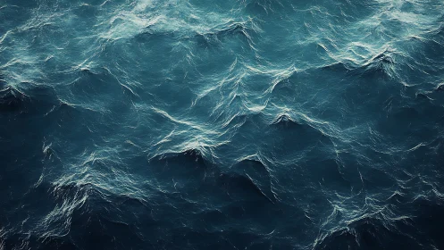 Dynamic teal ocean surface with textured white-capped waves.