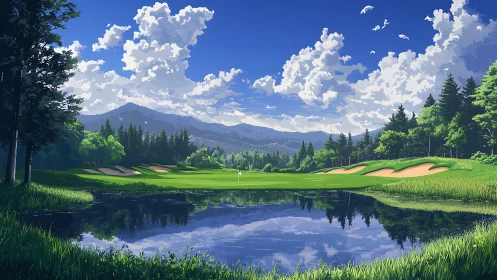 Sky-mirrored mountain golf green wrapped in luminous pines.