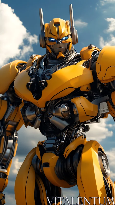 Yellow armored humanoid robot standing under blue sky.