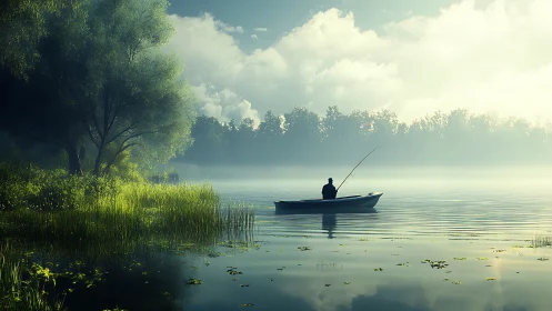 Solitary figure fishes from small boat on misty reflective lake