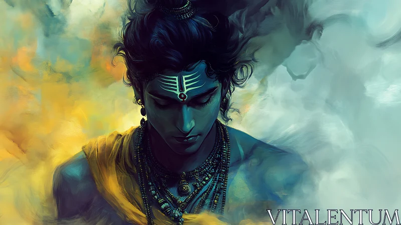 Serene blue-skinned figure in mist with jewelry detail.