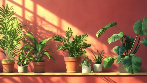 Sunlit tropical houseplants line warm coral studio wall.