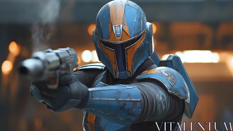 Photorealistic armored gunfighter in dynamic frontal close-up.