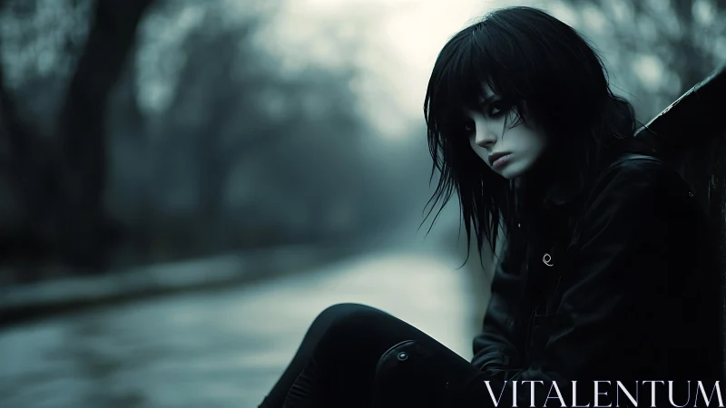 Gothic daydreamer on a rainwashed path of blurred ghosts.