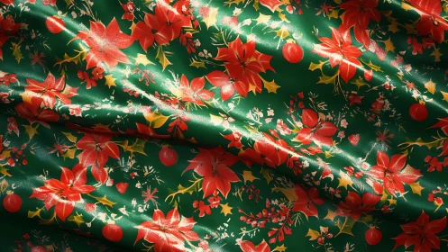Christmas poinsettia satin fabric with metallic shimmer pattern.