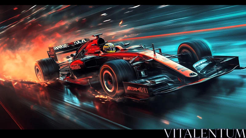 Blazing red race car streaking through neon soaked night streets.