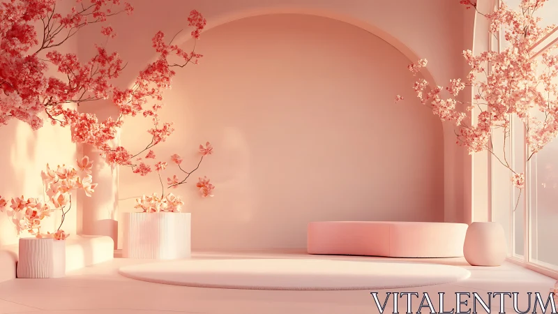 Minimal blush interior with arch, blossoms and soft daylight.