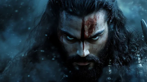 Storm-eyed warrior locked in an icy, unblinking stare.