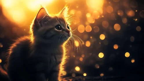 Kitten Bathed in Golden Sunlight with Bokeh Particles