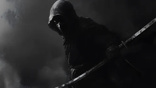 Hooded masked swordsman holds katana in dark storm.