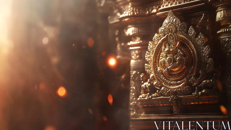 Ornate golden temple carving with radiant sunlight, cinematic style.