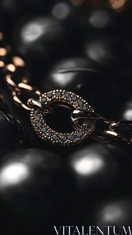 Close-up of gold diamond ring on dark beaded background.