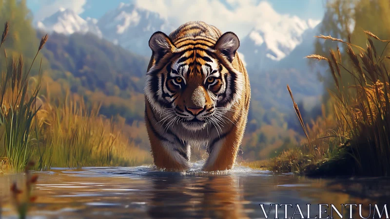 Digital painting of stalking tiger in alpine wetland corridor.