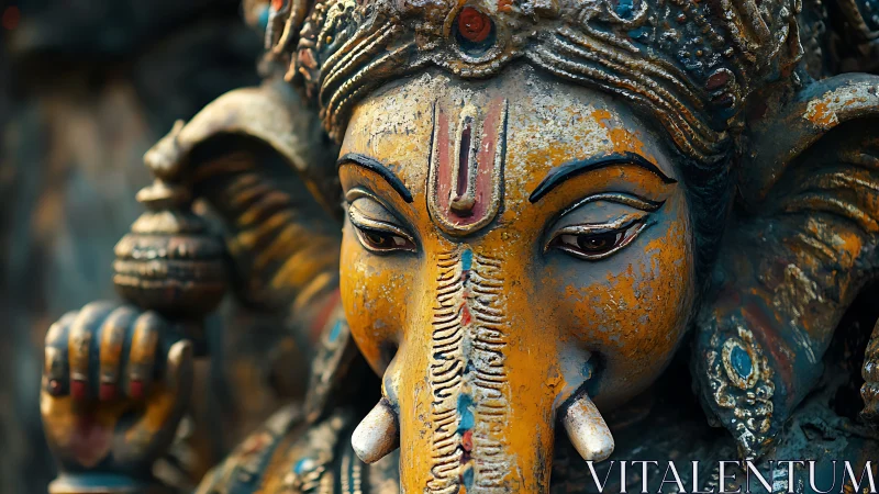 Weathered close-up shows detailed carved elephant-headed deity