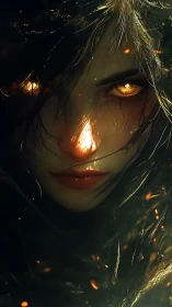 Enigmatic sorceress portrait with blazing golden eyes.